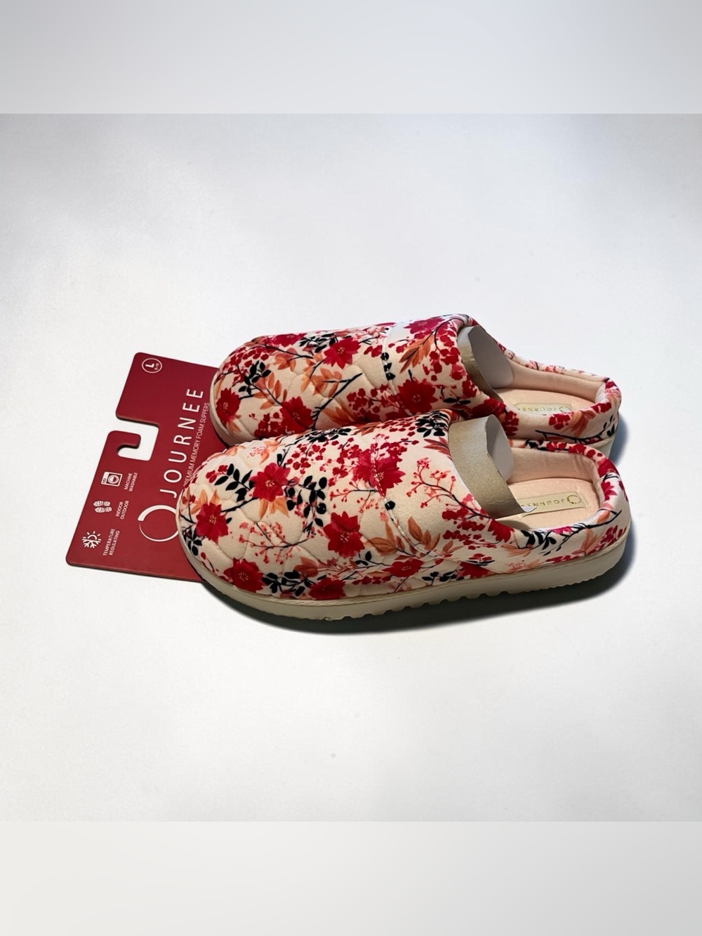 Journee Collection Floral Memory Foam Slip-On Slippers in Pink and Red